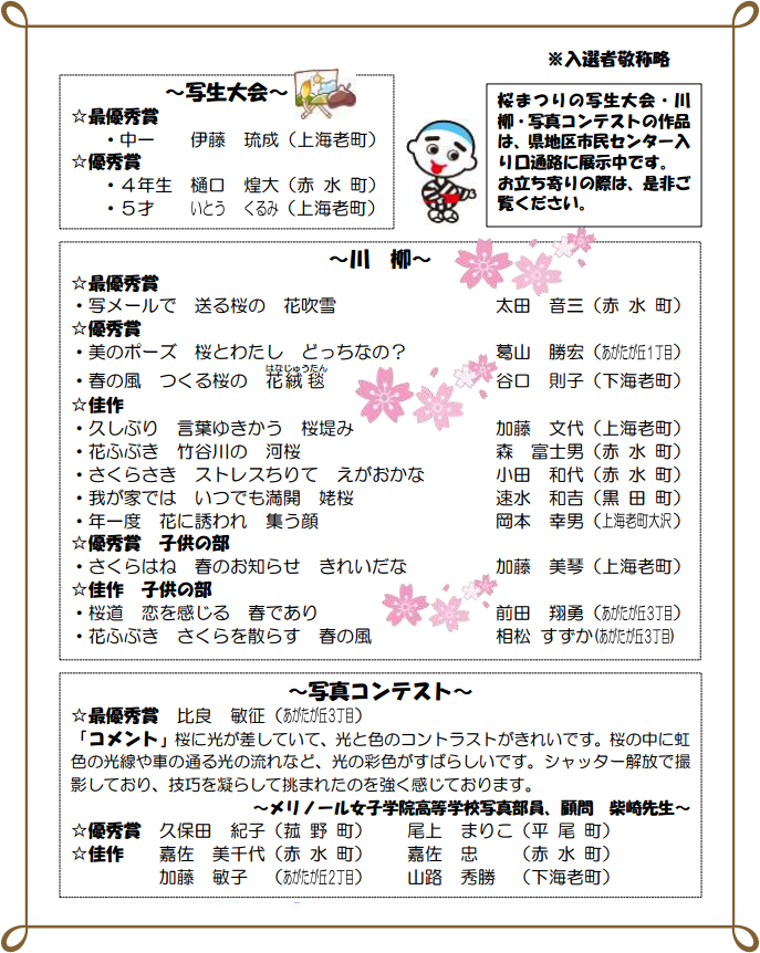 桜まつりの写生大会・川 柳・写真コンテスト入賞者の皆さん